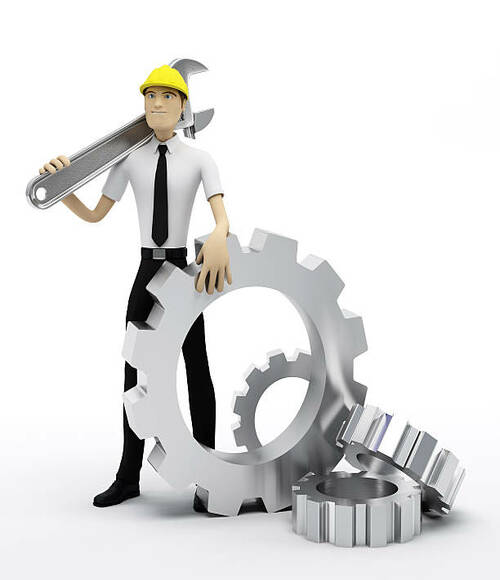 Industrial worker with wrench and gears. Conceptual illustration. Isolated on white